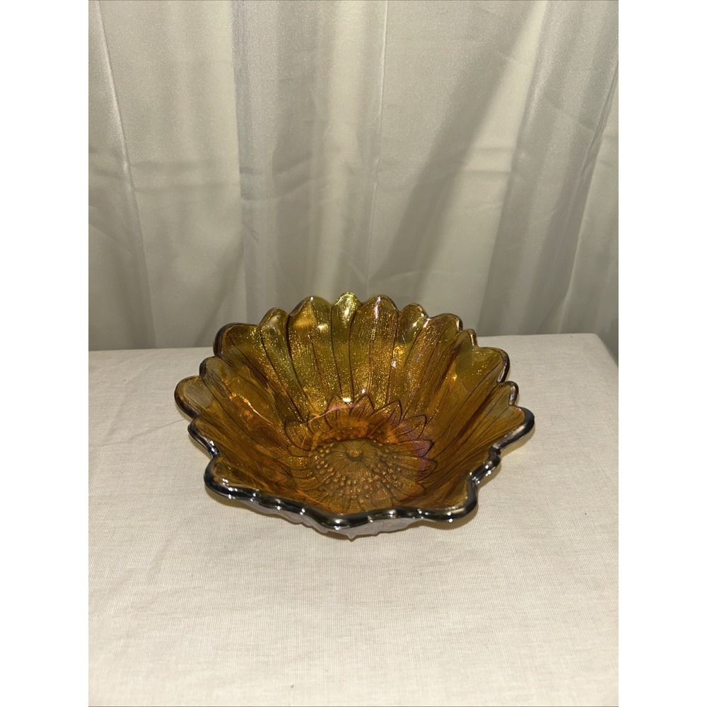 Vintage Amber Indiana Carnival Glass Iridescent Daisy Sunflower Bowl Candy Dish